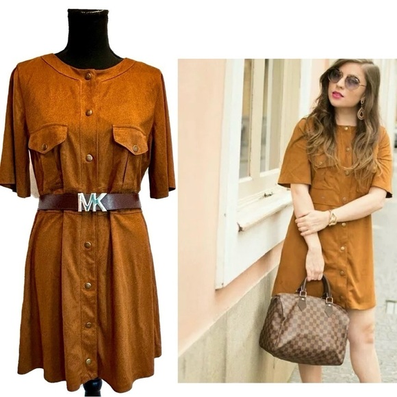 Zara Camel Brown faux suede short sleeve button front mini dress L - Picture 3 of 15